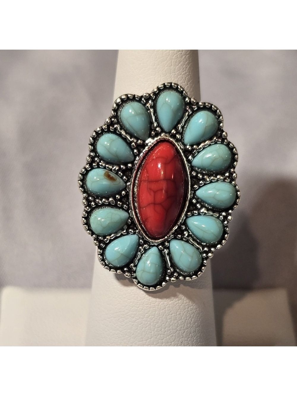 Turquoise and Red Statement Ring
